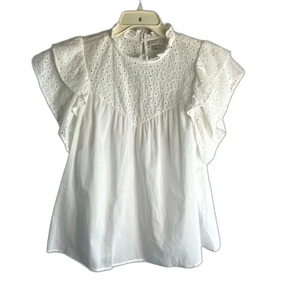 A New Day Flutter Sleeve Mock Ruffled Neck Eyelet Cotton Blouse Size Medium - Picture 1 of 7